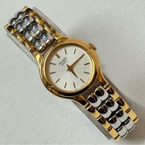 Vintage Seiko Pulsar Women's Thin Two Tone Dress Watch Silver Gold V810-0760